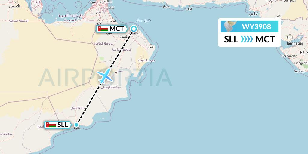 WY3908 Oman Air Flight Map: Salalah to Muscat