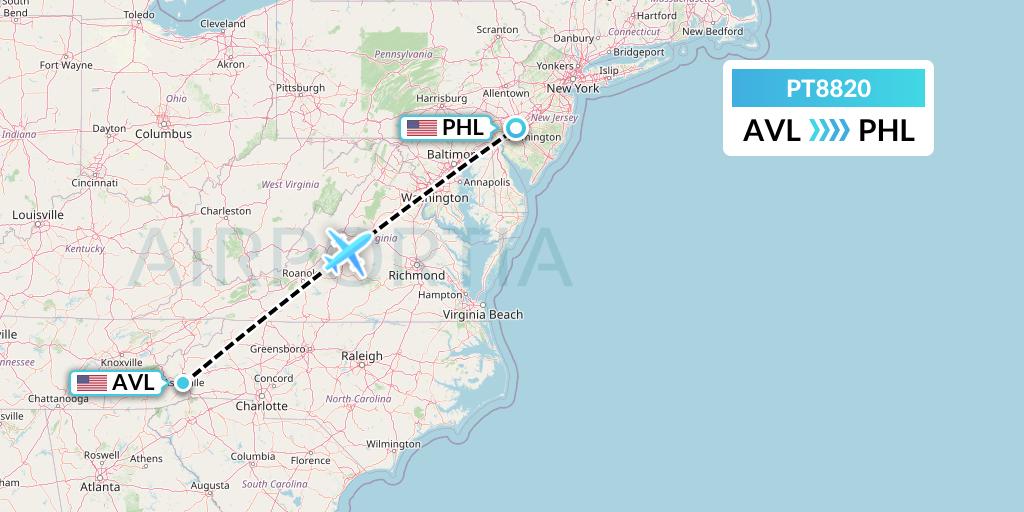 PT8820 Piedmont Airlines Flight Map: Asheville to Philadelphia