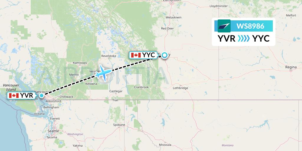 WS8986 WestJet Flight Map: Vancouver to Calgary