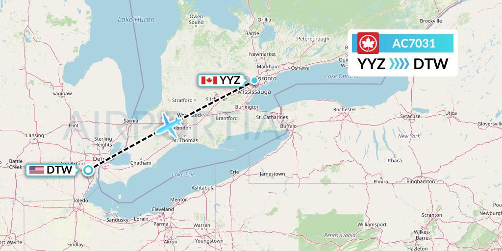 AC7031 Air Canada Flight Map: Toronto to Detroit