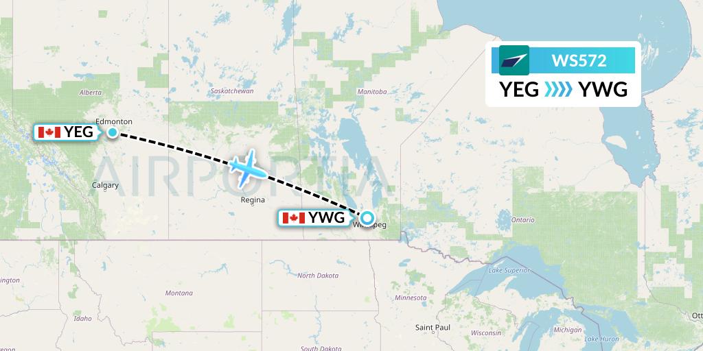 WS572 WestJet Flight Map: Edmonton to Winnipeg
