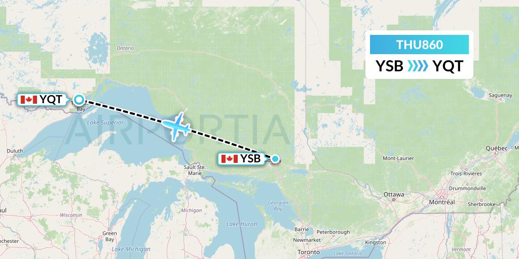 THU860 Thunder Airlines Flight Map: Sudbury to Thunder Bay