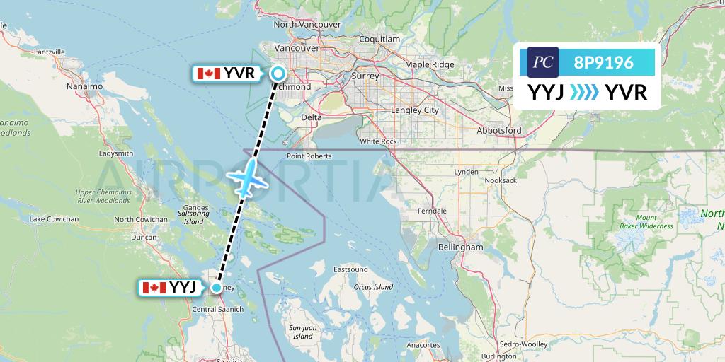 8P9196 Pacific Coastal Airlines Flight Map: Victoria to Vancouver