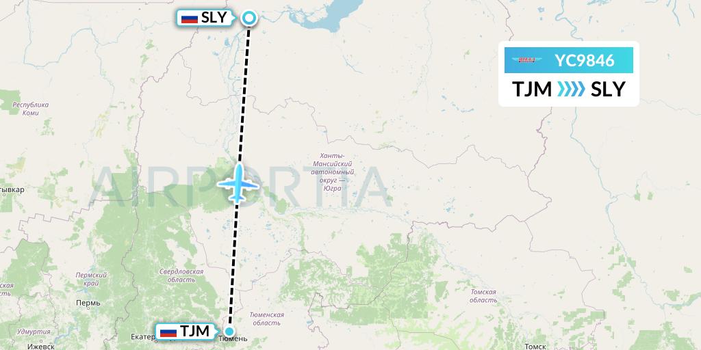 YC9846 Yamal Airlines Flight Map: Tyumen to Salekhard