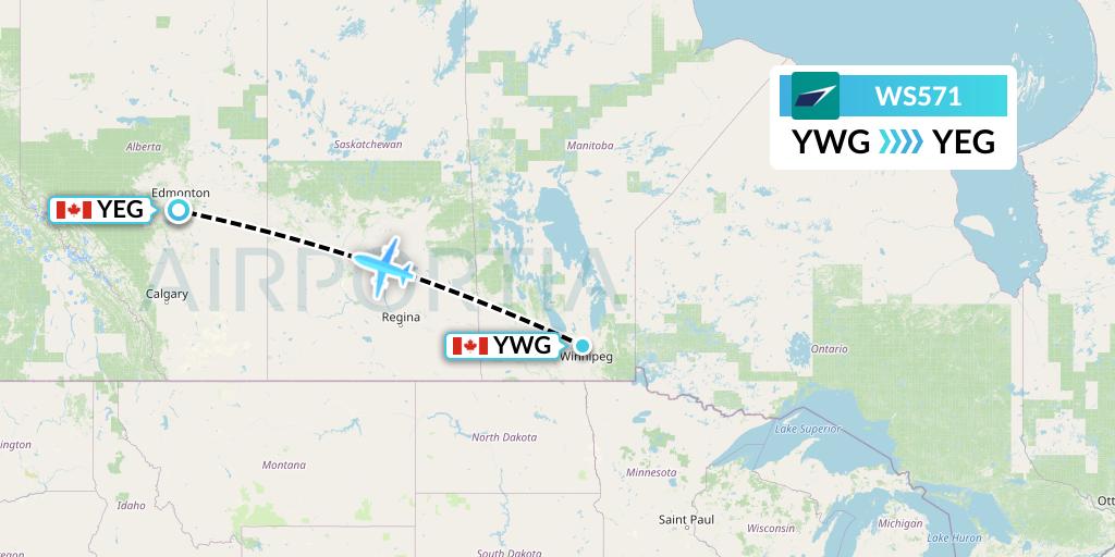 WS571 WestJet Flight Map: Winnipeg to Edmonton