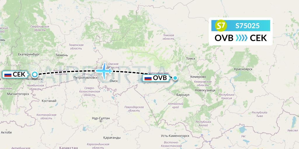 S75025 S7 Airlines Flight Map: Novosibirsk to Chelyabinsk