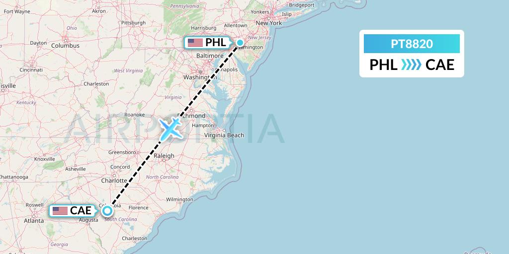 PT8820 Piedmont Airlines Flight Map: Philadelphia to Columbia