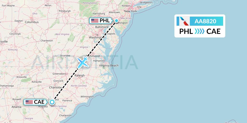 AA8820 American Airlines Flight Map: Philadelphia to Columbia