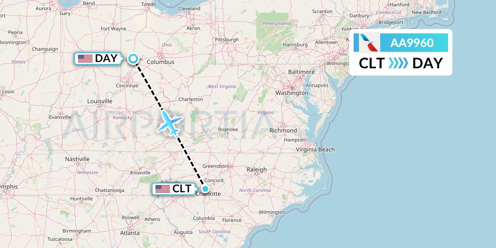 AA9960 American Airlines Flight Map: Charlotte to Dayton
