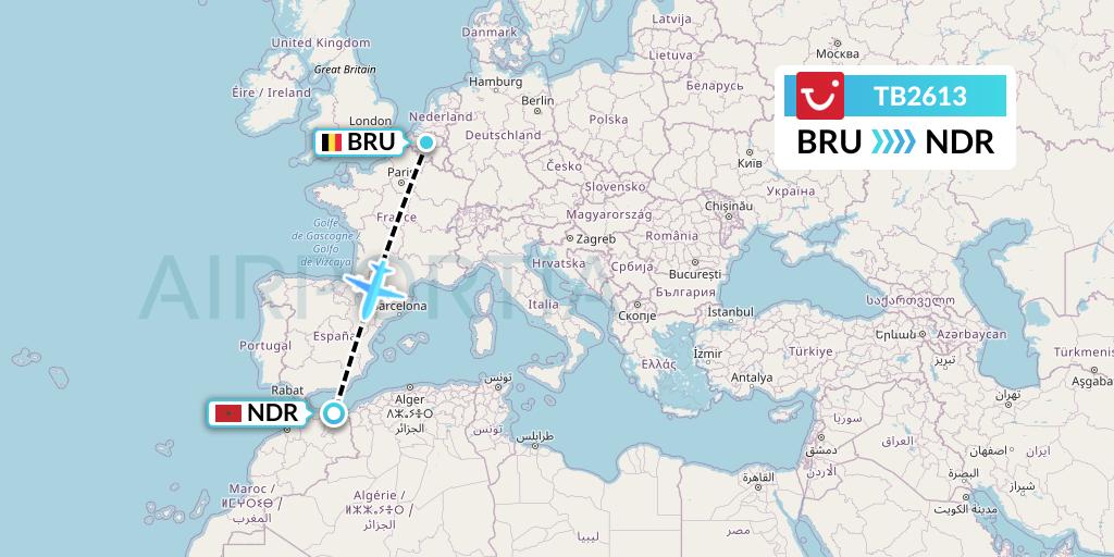 TB2613 TUI fly Belgium Flight Map: Brussels to Nador