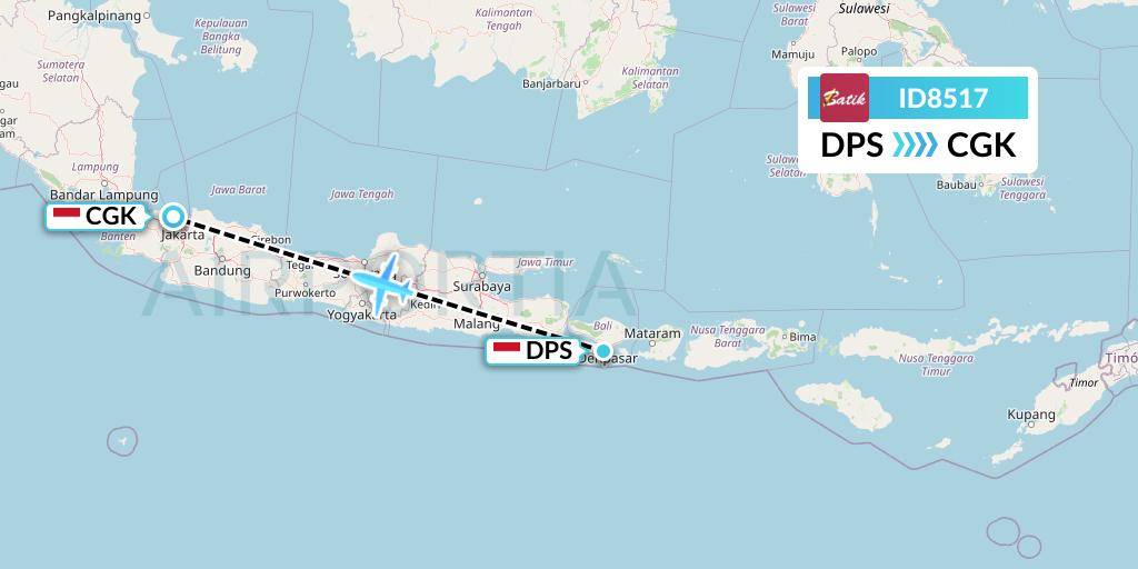 ID8517 Batik Air Flight Map: Denpasar to Jakarta