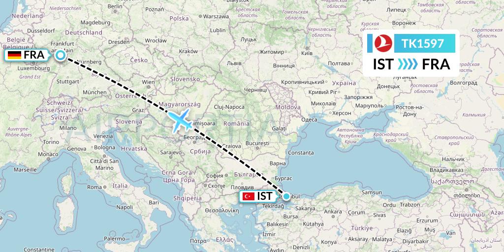 TK1597 Turkish Airlines Flight Map: Istanbul to Frankfurt