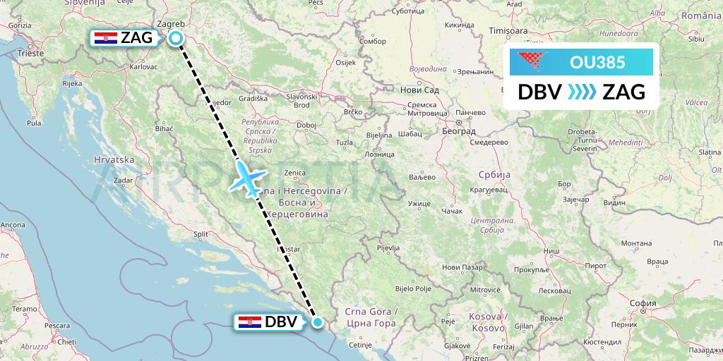 OU385 Croatia Airlines Flight Map: Dubrovnik to Zagreb