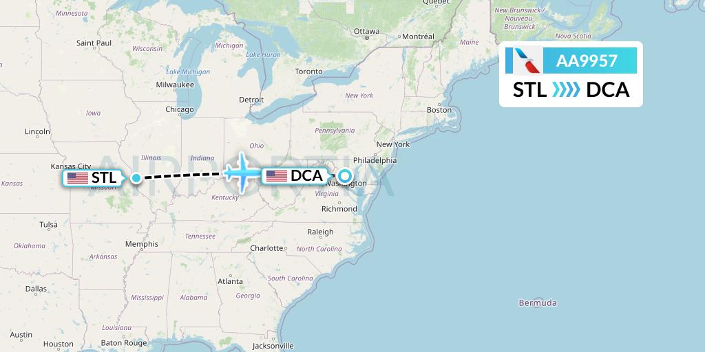 AA9957 American Airlines Flight Map: St. Louis to Washington
