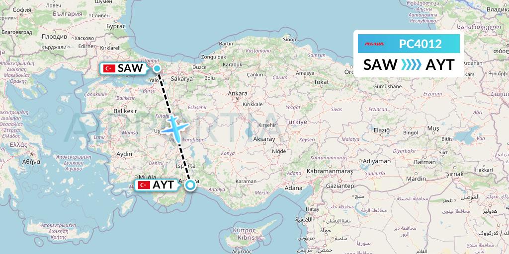 PC4012 Pegasus Airlines Flight Map: Istanbul to Antalya