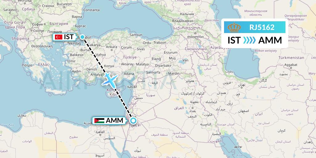 RJ5162 Royal Jordanian Flight Map: Istanbul to Amman