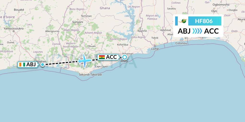 HF806 Air Cote d'Ivoire Flight Map: Abidjan to Accra