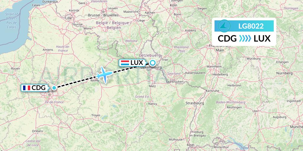 LG8022 Luxair Flight Map: Paris to Luxembourg