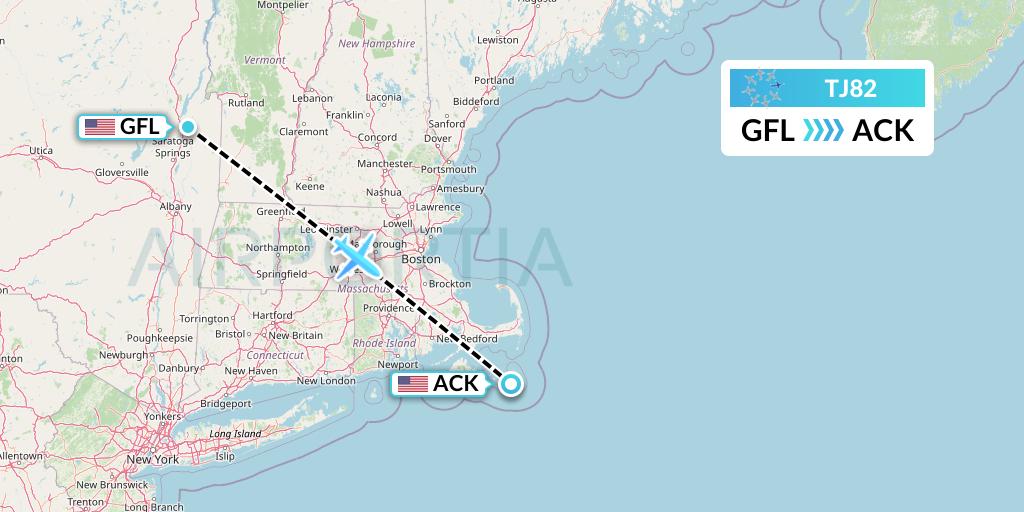 TJ82 Tradewind Aviation Flight Map: Glens Falls to Nantucket