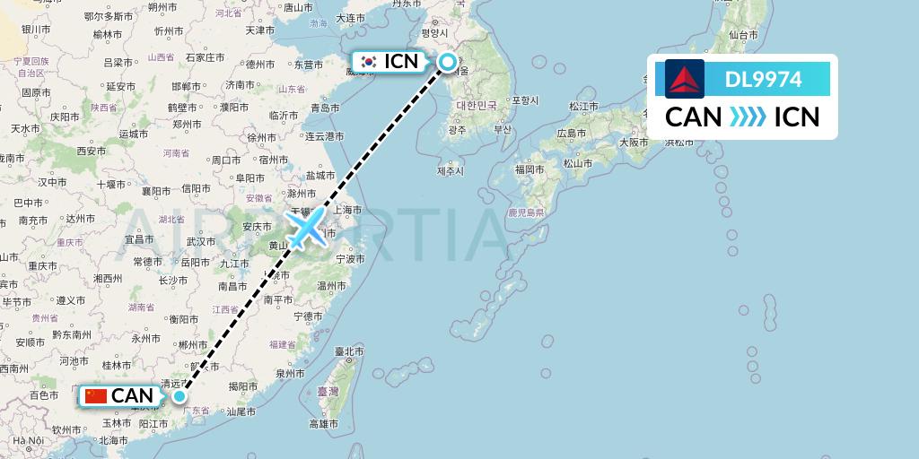 DL9974 Delta Air Lines Flight Map: Guangzhou to Seoul