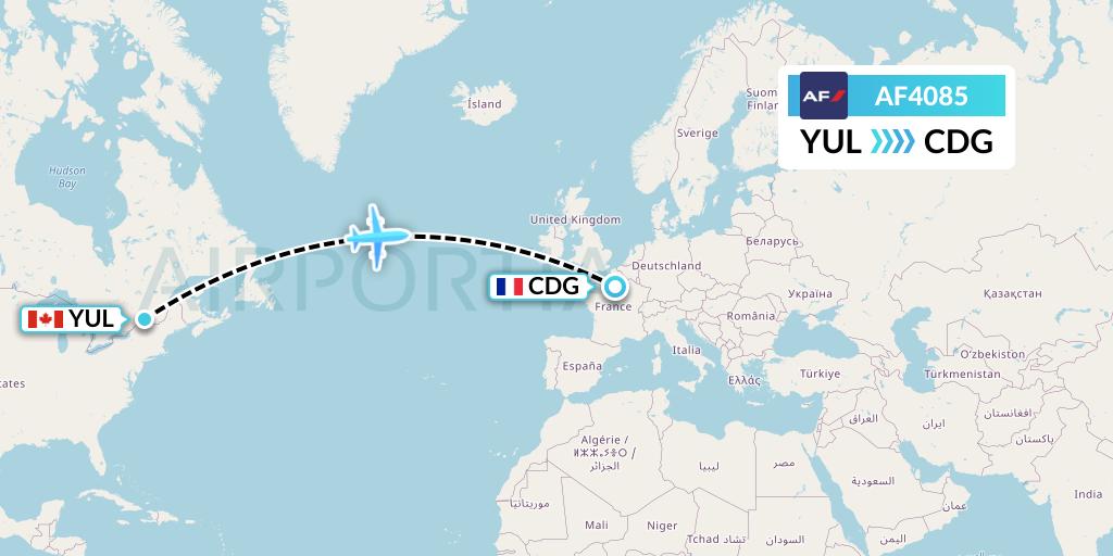 AF4085 Air France Flight Map: Montreal to Paris