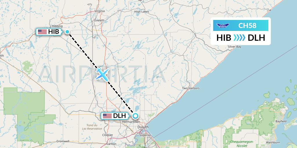 CH58 Bemidji Airlines Flight Map: Hibbing to Duluth