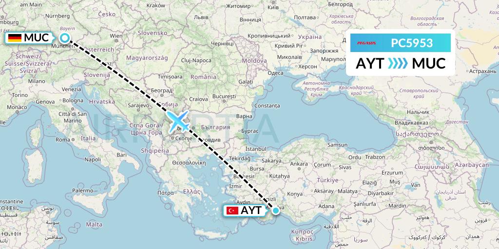 PC5953 Pegasus Airlines Flight Map: Antalya to Munich