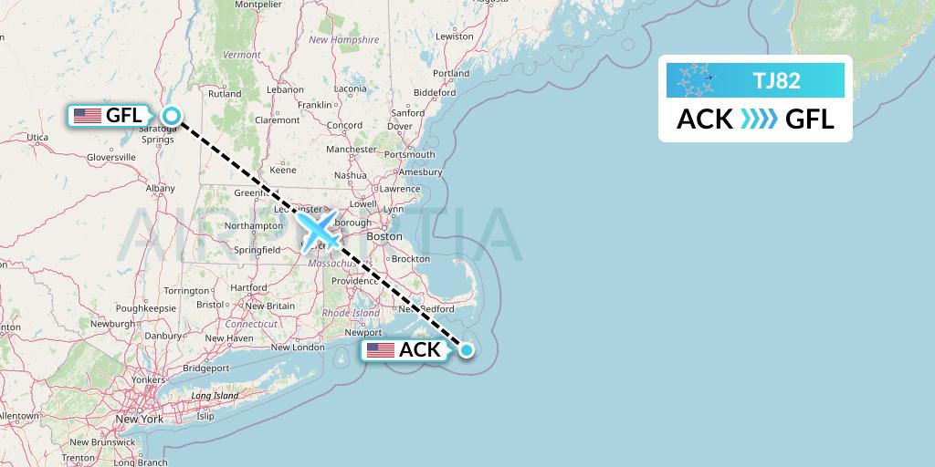 TJ82 Tradewind Aviation Flight Map: Nantucket to Glens Falls