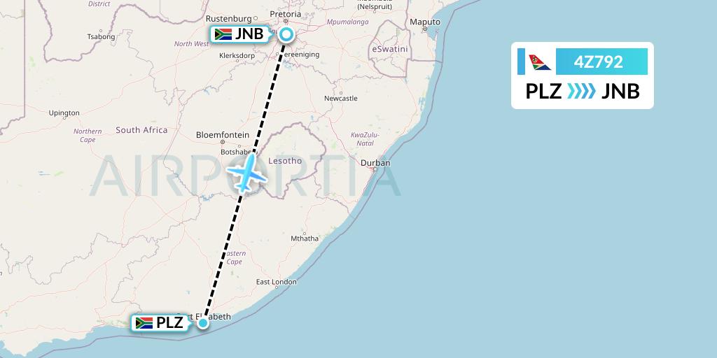 4Z792 Airlink Flight Map: Port Elizabeth to Johannesburg
