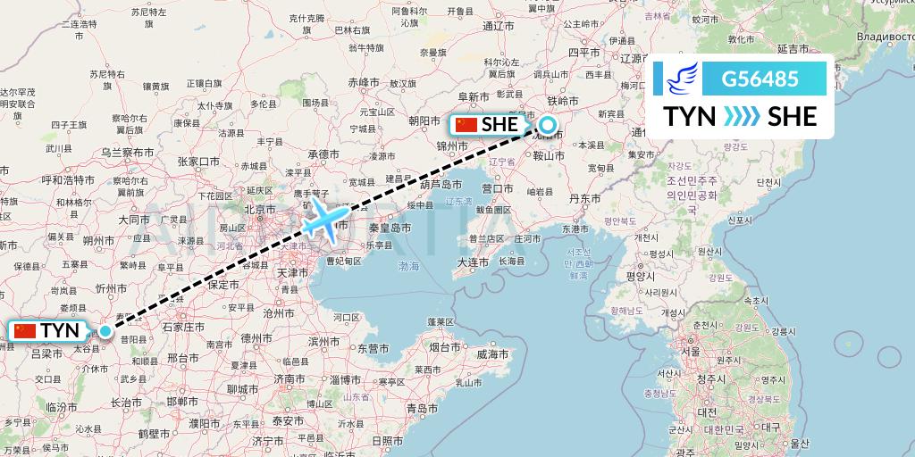 G56485 China Express Airlines Flight Map: Taiyuan to Shenyang