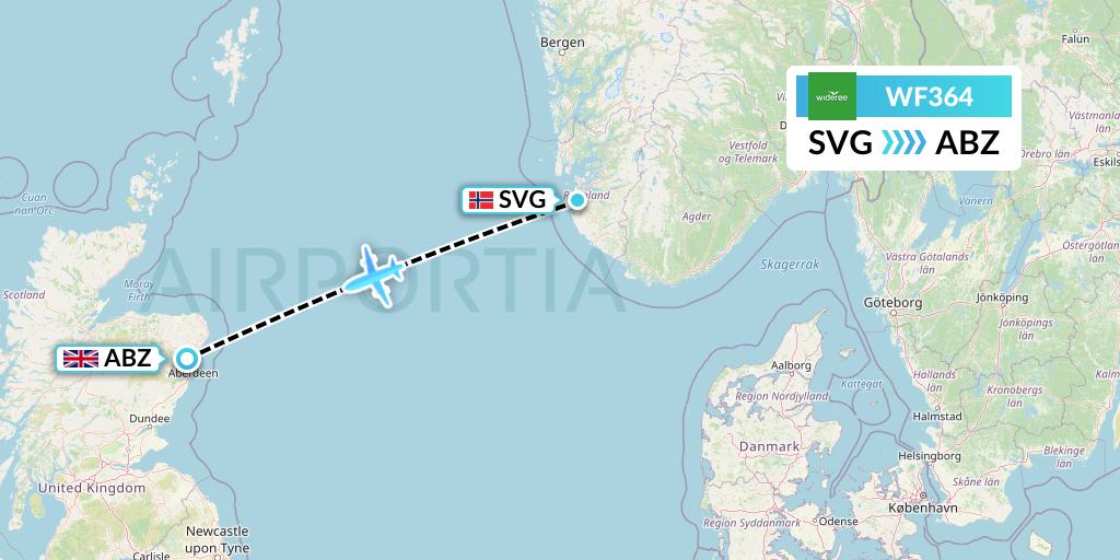 WF364 Wideroe Flight Map: Stavanger to Aberdeen