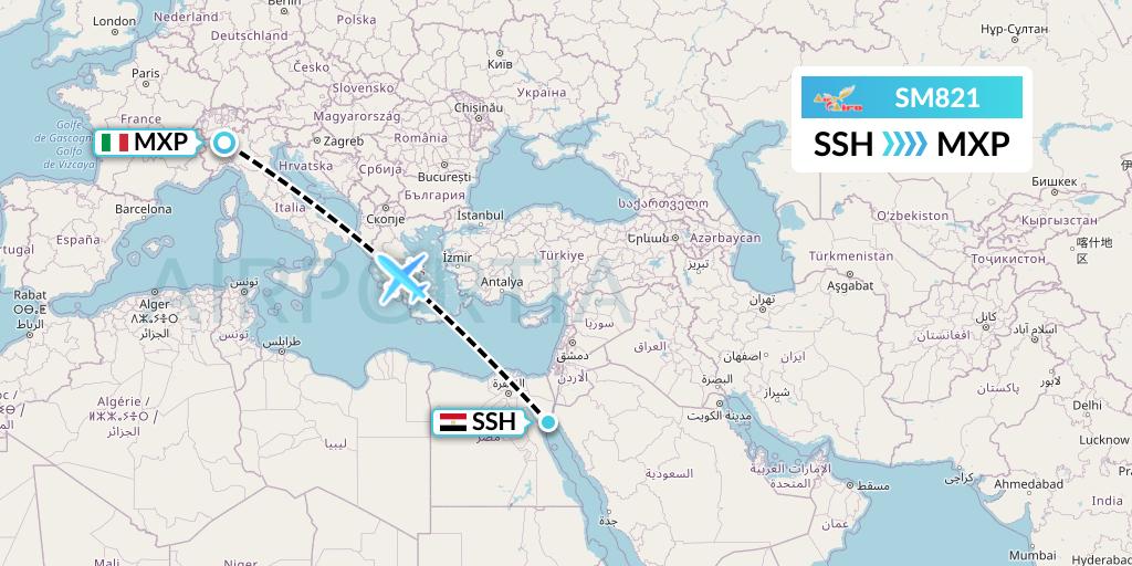 SM821 Air Cairo Flight Map: Sharm el-Sheikh to Milan