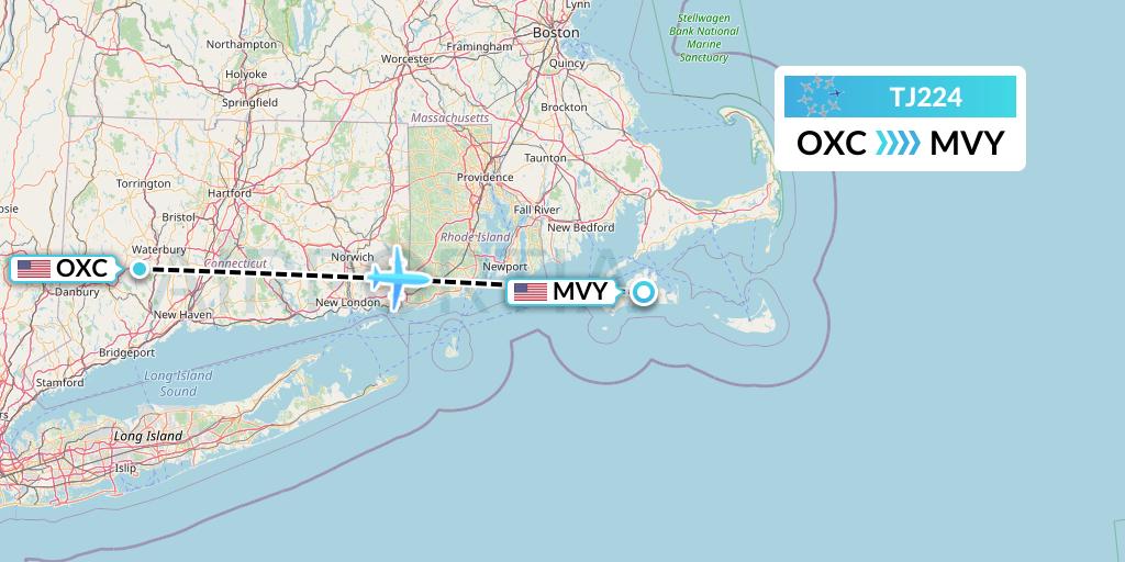 TJ224 Tradewind Aviation Flight Map: Oxford to Martha's Vineyard