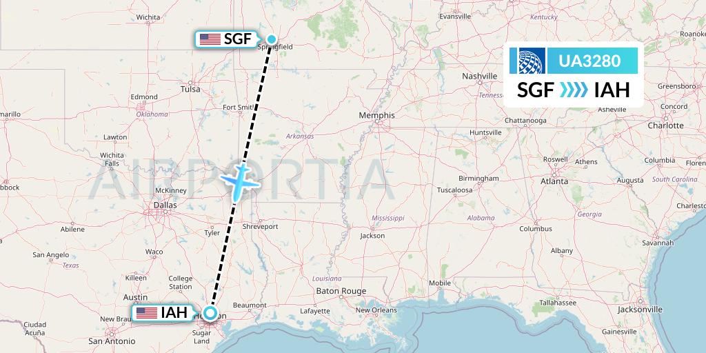 UA3280 United Airlines Flight Map: Springfield to Houston