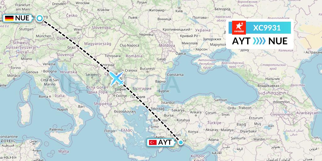 XC9931 Corendon Airlines Flight Map: Antalya to Nurnberg
