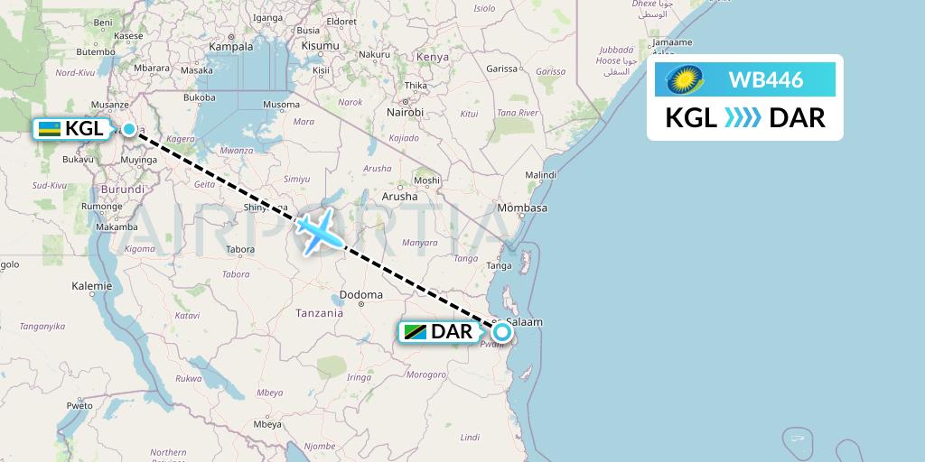 WB446 RwandAir Flight Map: Kigali to Dar-es-Salaam