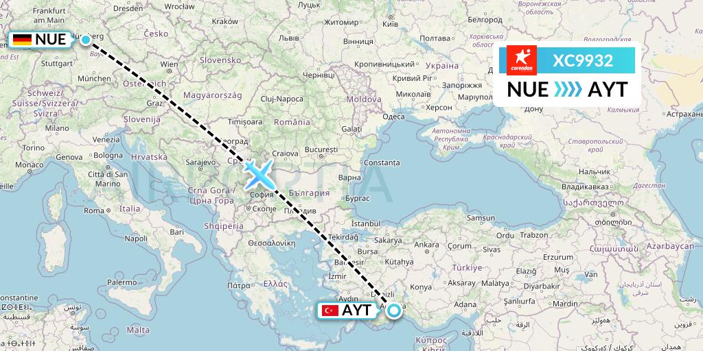 XC9932 Corendon Airlines Flight Map: Nurnberg to Antalya