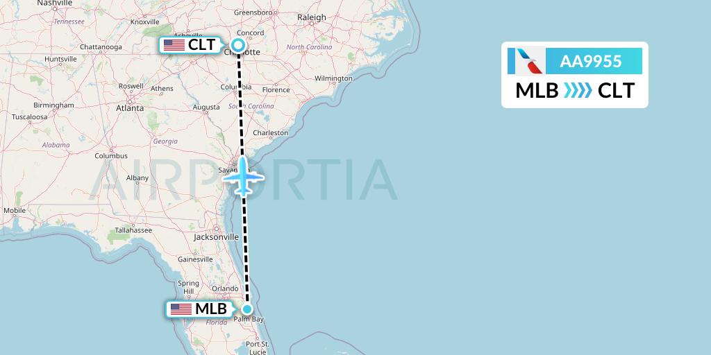 AA9955 American Airlines Flight Map: Melbourne to Charlotte