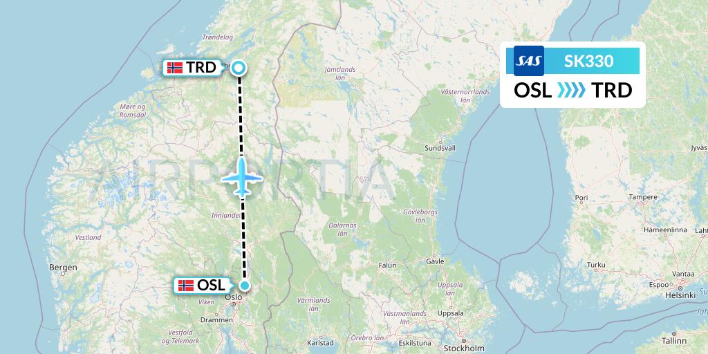 SK330 SAS Flight Map: Oslo to Trondheim
