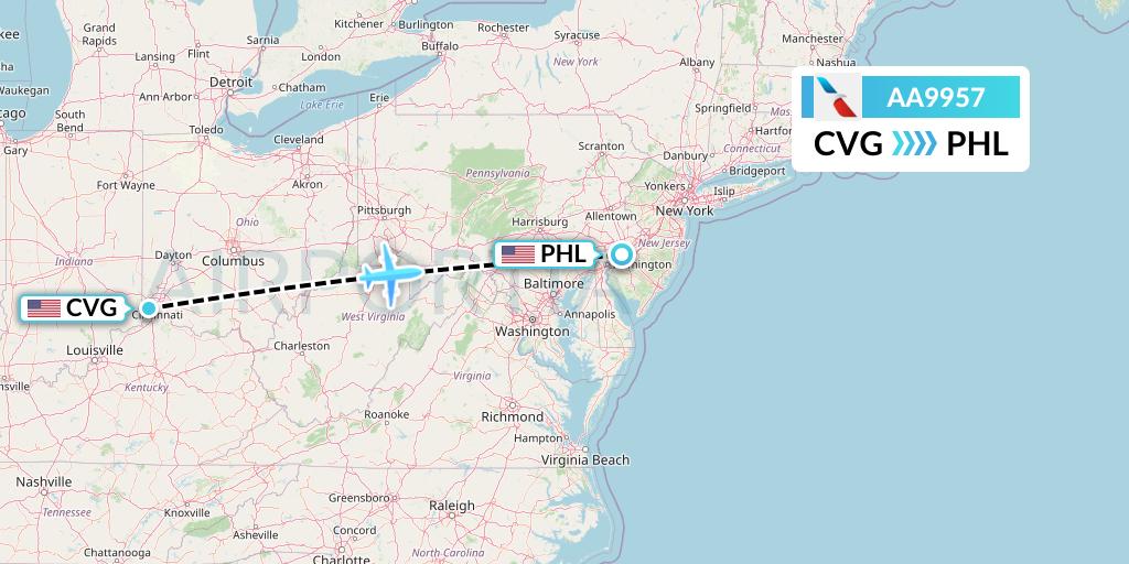 AA9957 American Airlines Flight Map: Cincinnati to Philadelphia