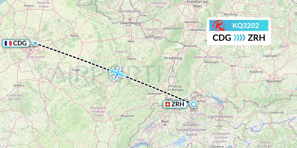 KQ3202 Kenya Airways Flight Map: Paris to Zurich