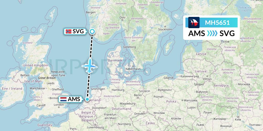 MH5651 Malaysia Airlines Flight Map: Amsterdam to Stavanger