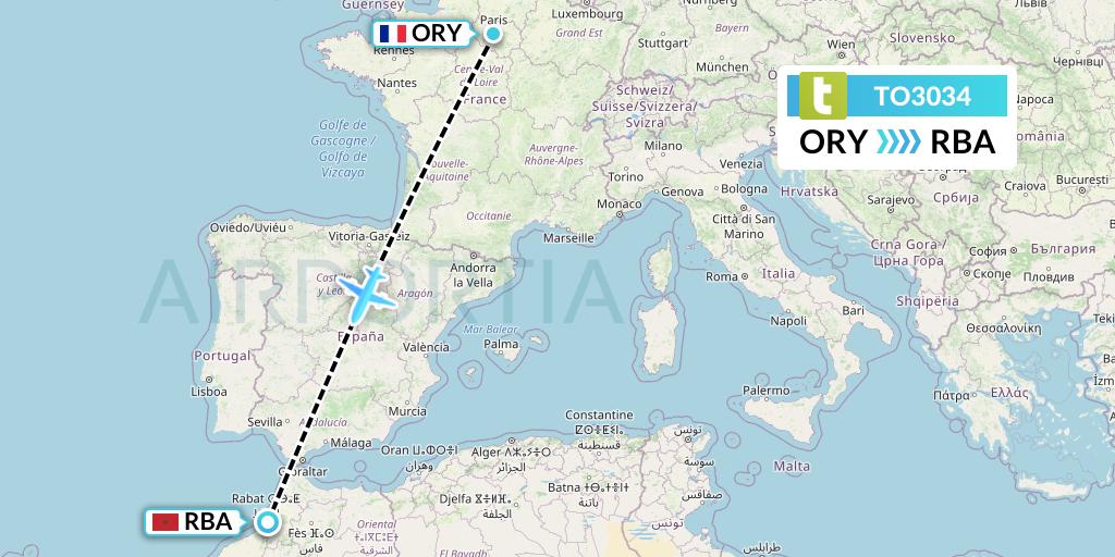 TO3034 Transavia France Flight Map: Paris to Rabat