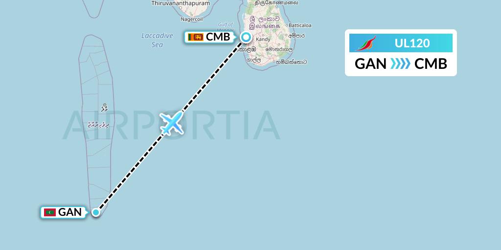 UL120 SriLankan Airlines Flight Map: Gan Island to Colombo
