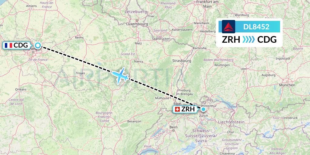 DL8452 Delta Air Lines Flight Map: Zurich to Paris