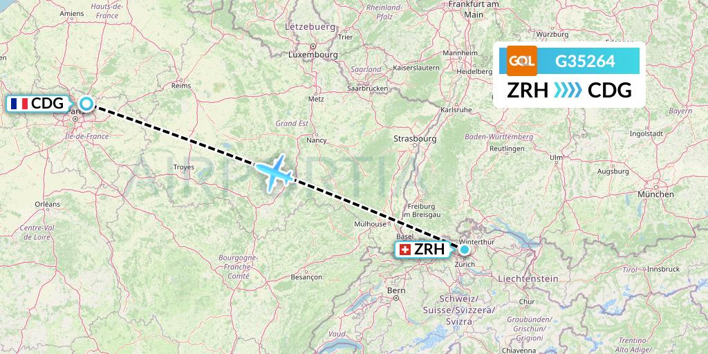 G35264 GOL Transportes Aeros Flight Map: Zurich to Paris