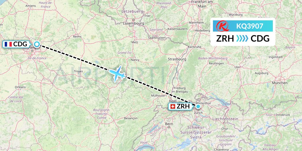 KQ3907 Kenya Airways Flight Map: Zurich to Paris