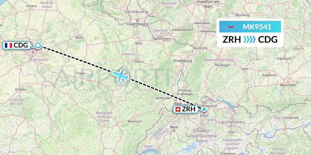 MK9541 Air Mauritius Flight Map: Zurich to Paris