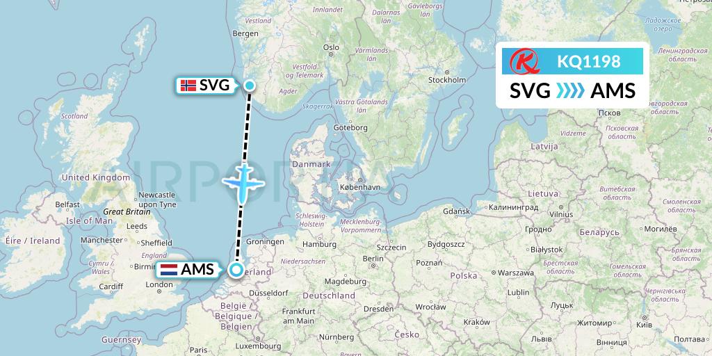 KQ1198 Kenya Airways Flight Map: Stavanger to Amsterdam