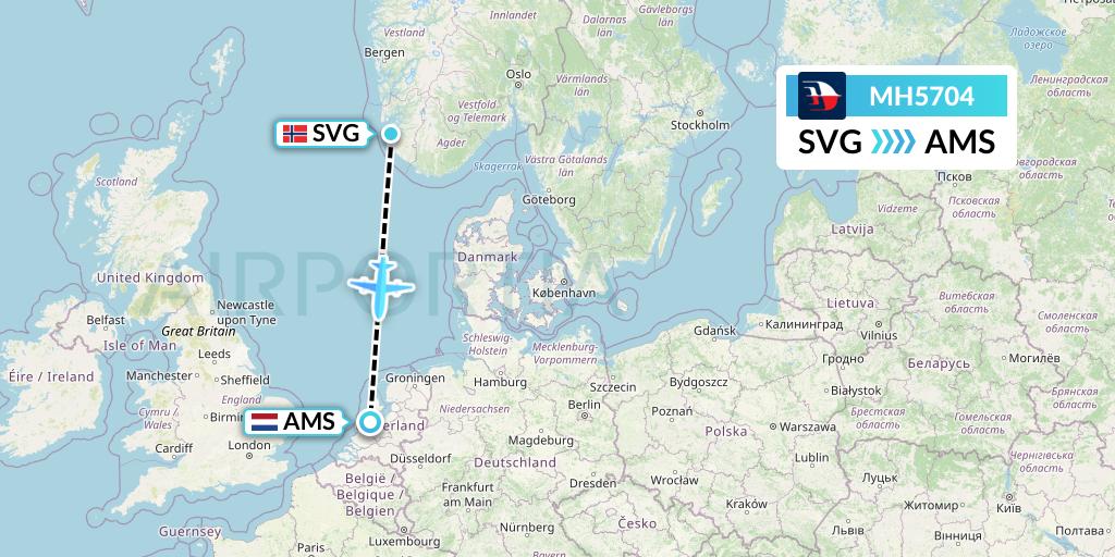 MH5704 Malaysia Airlines Flight Map: Stavanger to Amsterdam
